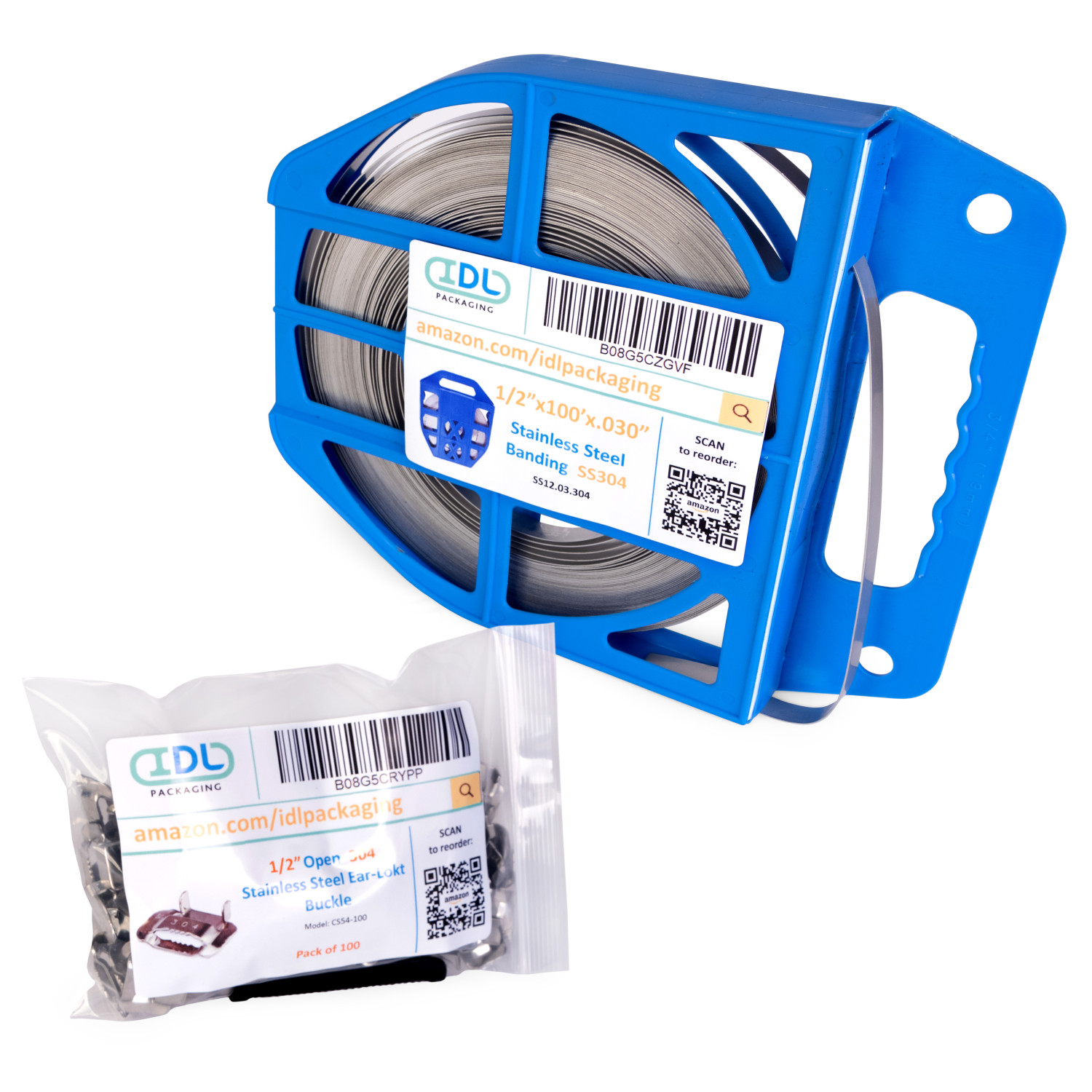 Refill for 1/2" or 3/4" x 0.03" or 3/4" x 0.02" Stainless Steel 304 Banding Kit + 100 open 304 stainless steel ear-lokt buckles